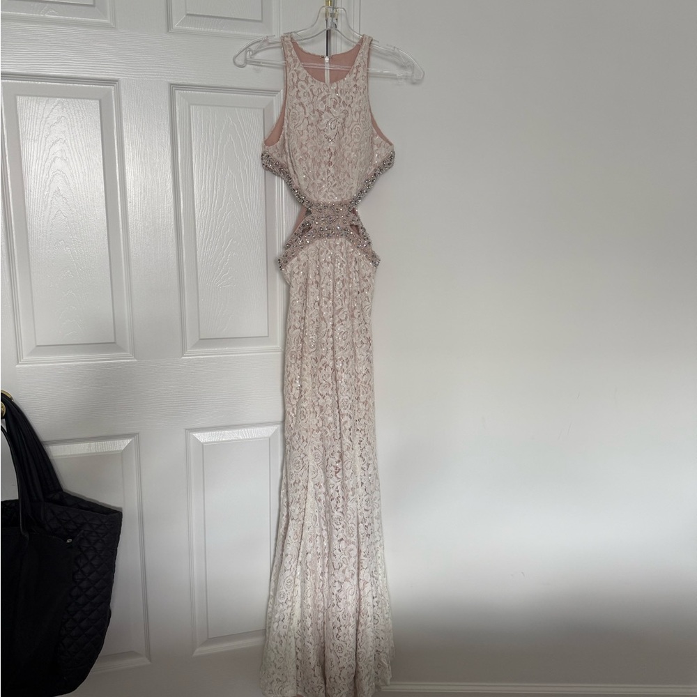 Tiffany Designs Ivory/Blush Cut Out Prom Dress